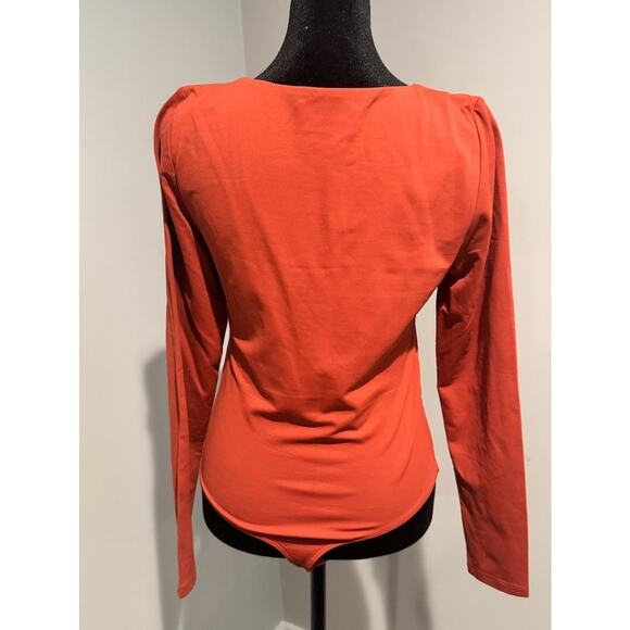 Babaton Bodysuit Womens Large Orange Long Sleeve Deep V Neck Stretch Jersey - Picture 3 of 8